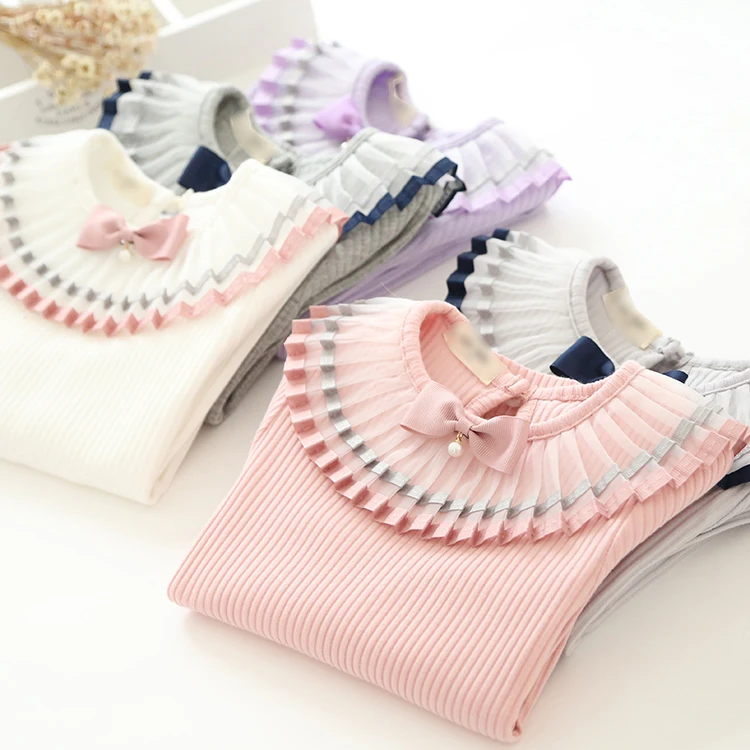 

2017 Spring Baby Girls Shirts Long Sleeve Children Clothing pleated Bow Collar Lace Patchwork Girl Blouses Kids Clothes 3-8years