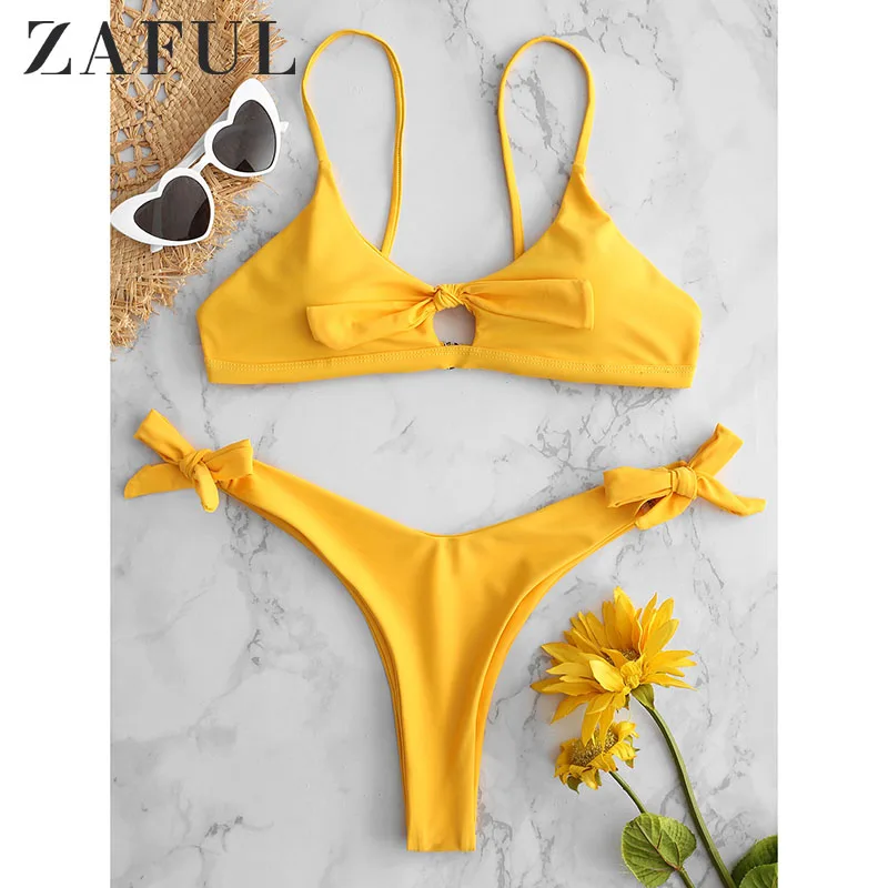 

ZAFUL Keyhole Bikini Knotted Padded Thong Bikini Set Cutout Swimwear Swimsuit Solid Bathing Suit Brazilian Biquni Halter Bikini