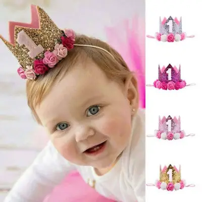 

toddler Kids Baby 1st Birthday Headwear Glitter Crown Flower Head Hair Band Party Headwear for bay girls