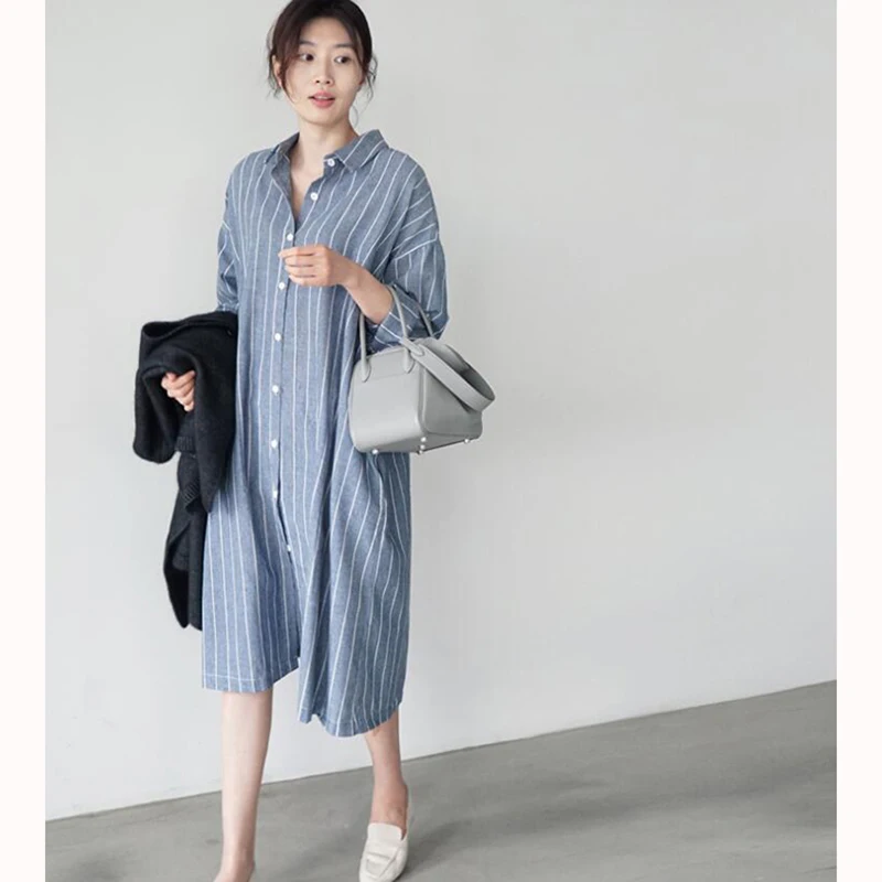 

Women Single Breasted Long Shirt Dress Female Striped Vestidos 2019 Autumn Plus Size Robe Longue Cotton Linen Dresses Femme