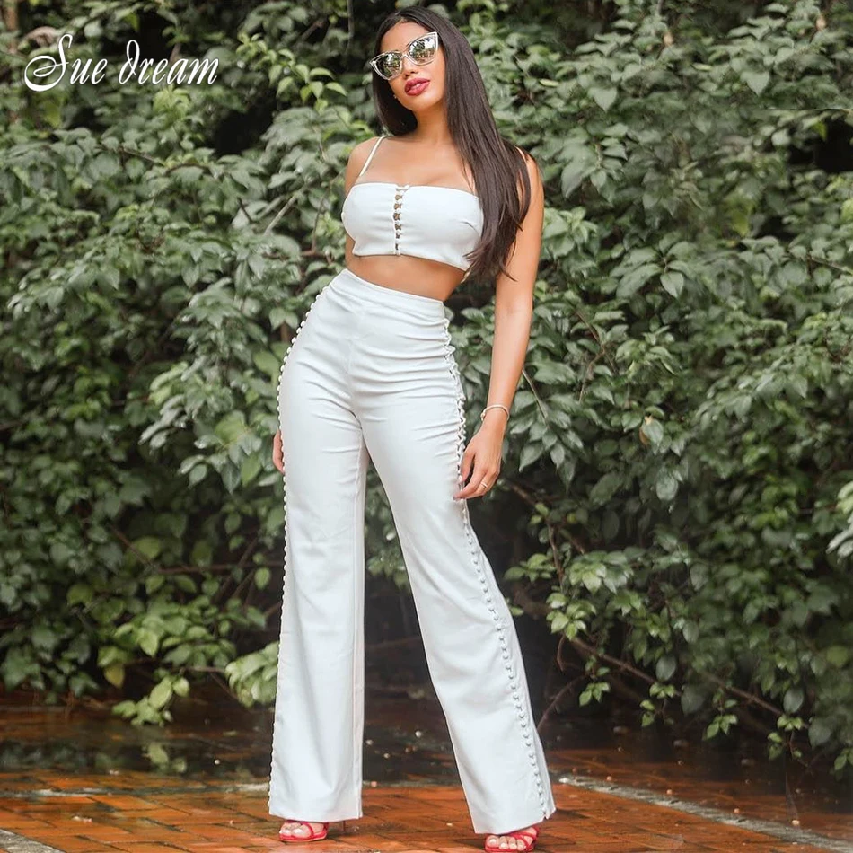 

2018 new women's fashion white suit 2 two-piece sturdy sexy cropped shirt and long button long pants nightclub clothing wholesal
