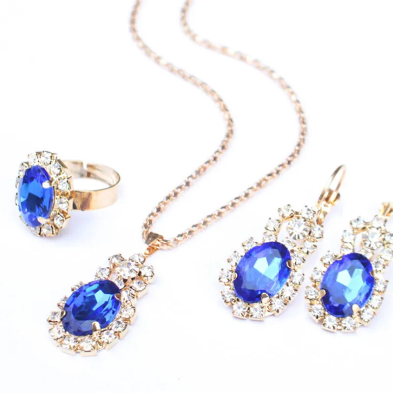 Синий красный белый кристалл камень ожерелье серьги кольцо набор Висячие