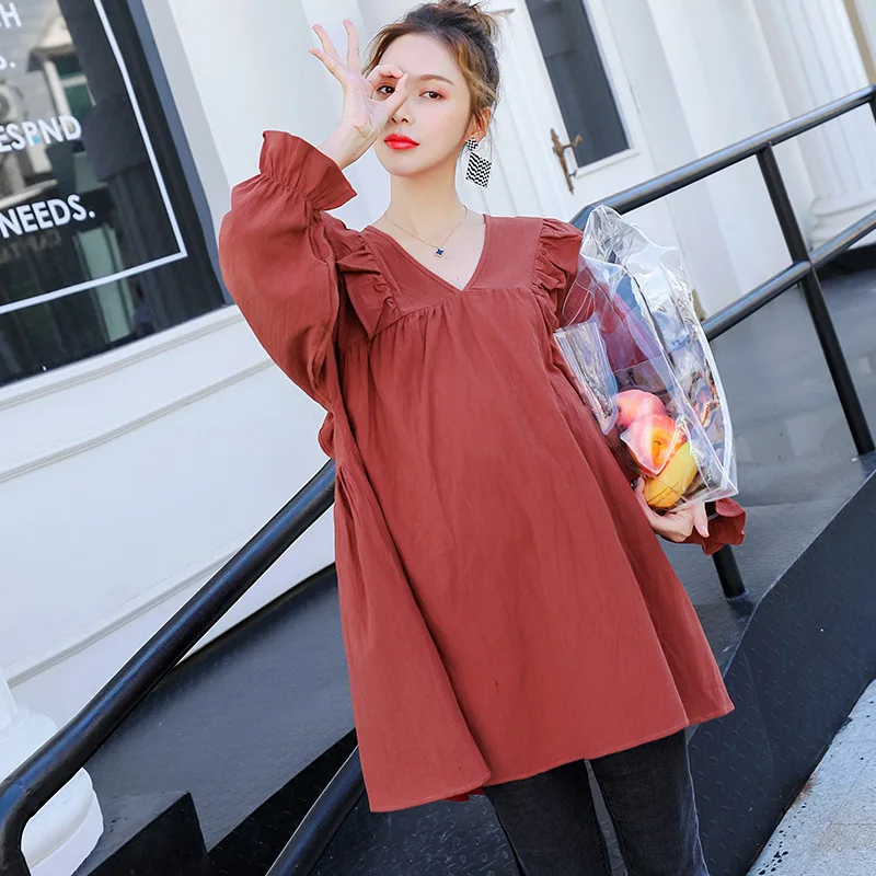 

Autumn 100% Cotton Loose Casual Pregnant Women Dress Long Sleeve Mother Maternity Dresses Pregnancy Dress Photography