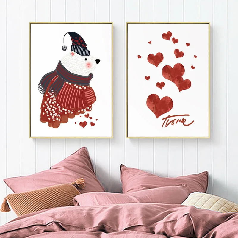 ART-ZONE-Little-White-Bear-Canvas-Painting-Christmas-Animal-Love-Heart-Picture-Kids-Bedroom-Decor-Poster