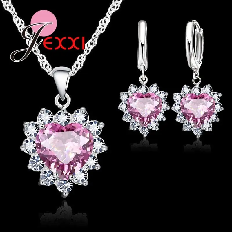 

Fashion Heart Shaped Crystal Pendant 925 Sterling Silver Necklace Loop Earring Wedding Jewelry Sets Blue Zircon Accessory