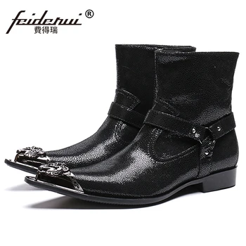 

New Arrival Man Metal Pointed Toe High-Top Outdoor Shoes Patent Leather Punk Rocker Men's Handmade Riding Ankle Boots SL474