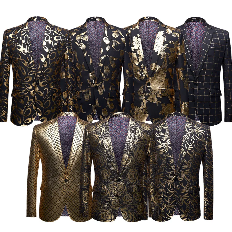 

car&ffiv Business wedding suits for men Slim jacket Gold foil stamping golden suit two button suit blazer men stage Jacket