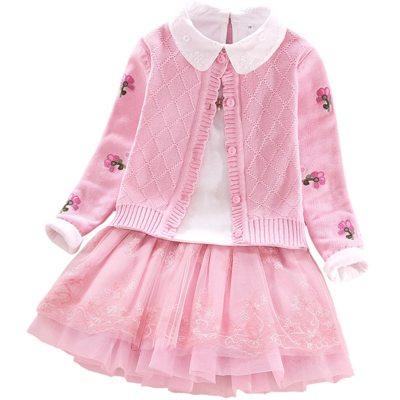 

High Quality Girls Sweater Coat+Shirt+Skirt 3pcs Clothing Set Lace Flowers Kids Girls Cotton Clothes Suits For 8 10 12 14 Years