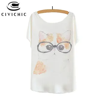 

CIVI CHIC Summer Bat Sleeves Loose Tshirt Lovely Cat Glasses Print Women Tees Cute Girl Tops Shirt O Neck One Size T-shirt WST58