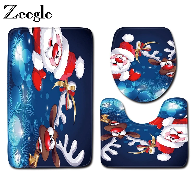 

Zeegle Christmas Toilet Mat 3pcs/set Bathroom Carpet Foot Mat Absorbent Bath Mat Bathroom Rug Non-slip Bath Carpet Shower Mats
