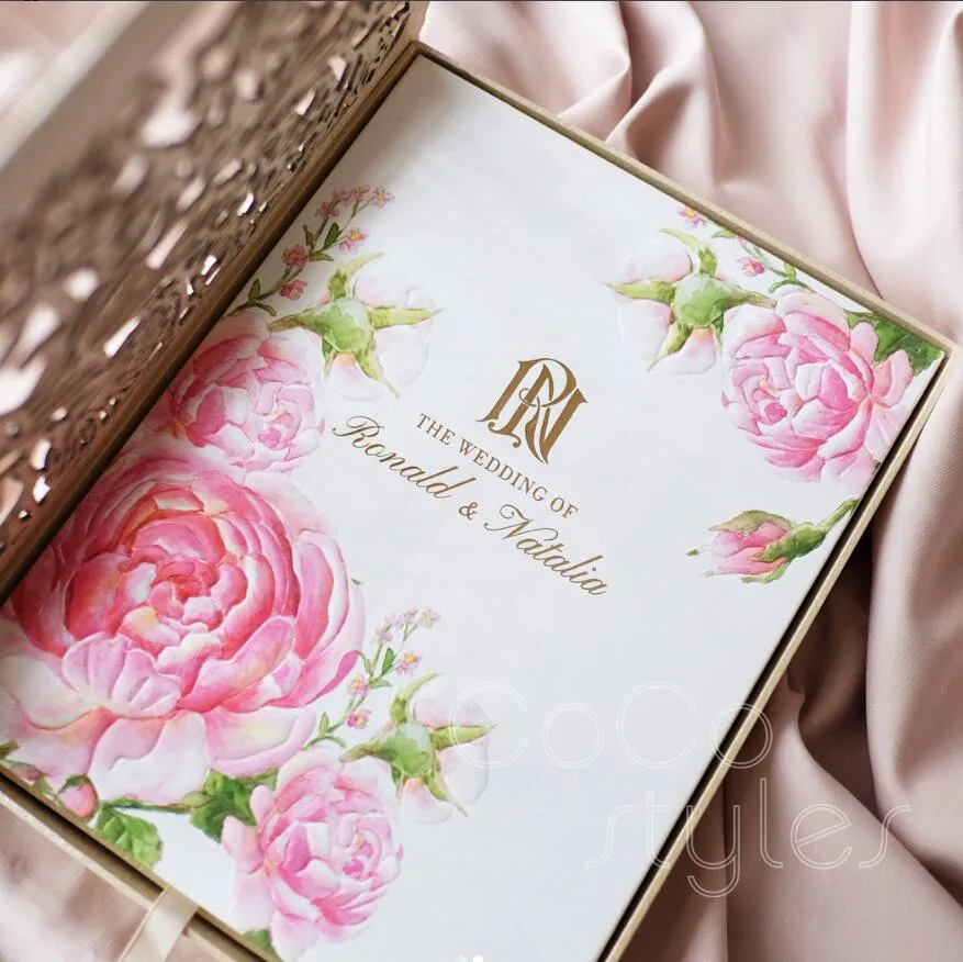  Cocostyles bespoke vintage laser cut boxed invitation card with beautiful peony design for classica - 32880907501