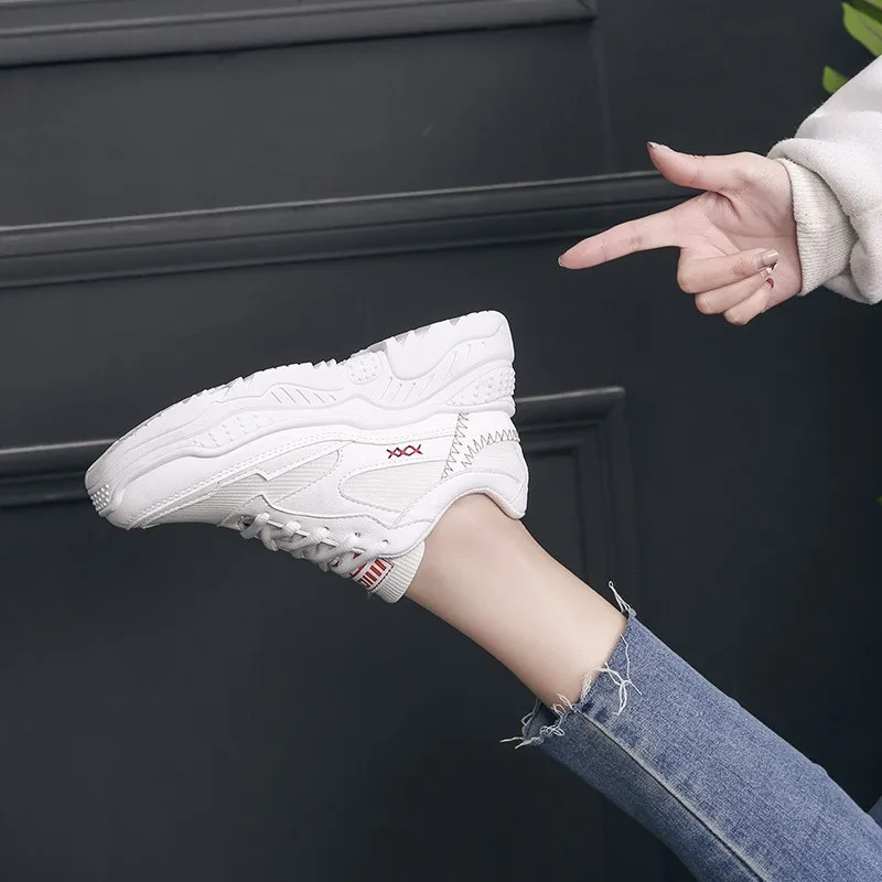 Shoes Woman White Casual Sport Outdoor Walking Shoes Med Lace Up Girls Shoes White Chunky Sneakers Women Basket Femme Кеды