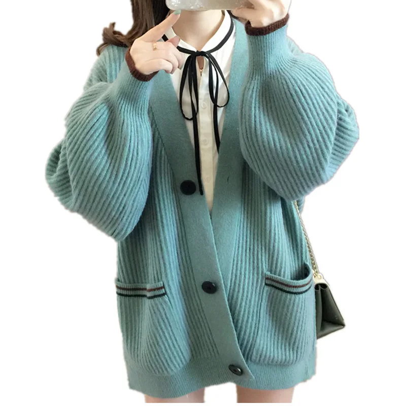 

Fashion 2019 Winter Autumn Female Cardigans Lantern Sleeve Casual Knitted Poncho Sweaters Oversize Solid Cardigans Korean Sueter