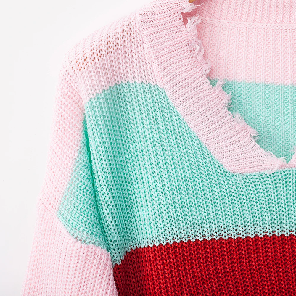 Rainbow Sweater Women Ripped V Neck Pullover and Sweater Long Sleeve Striped Autumn Knit Sweater