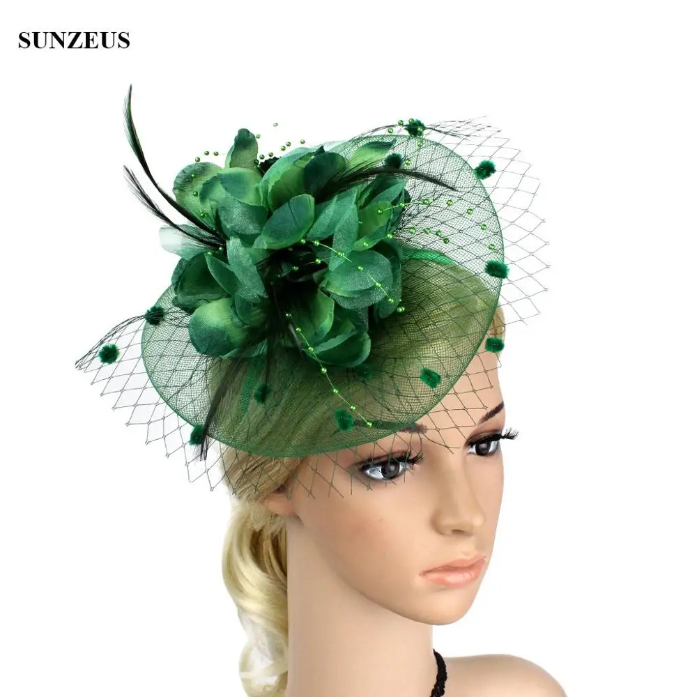 Красивые вуалетки Свадебные вечерние аксессуары для волос Новое поступление перо Сеть Цветок Свадебные шляпы SQN033 - Цвет: Зеленый