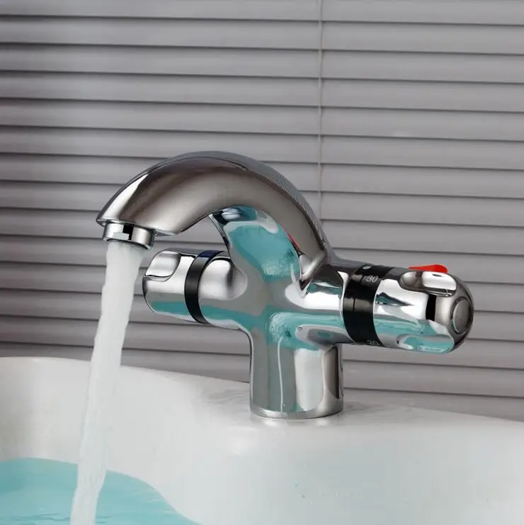 Латунный термостатический кран смеситель для воды кран, одно отверстие Термостатический смеситель для ванной комнаты, двойная ручка смеситель для кухонной раковины