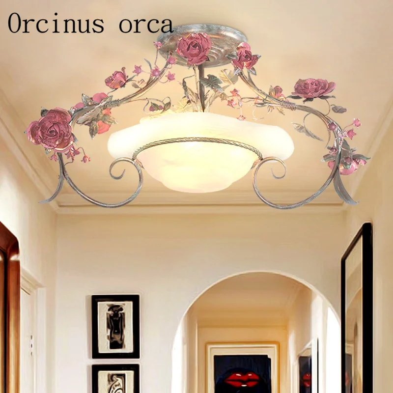 

American Pastoral rose ceiling lamps bedroom balcony retro country iron LED flowers ceiling lamps free shipping