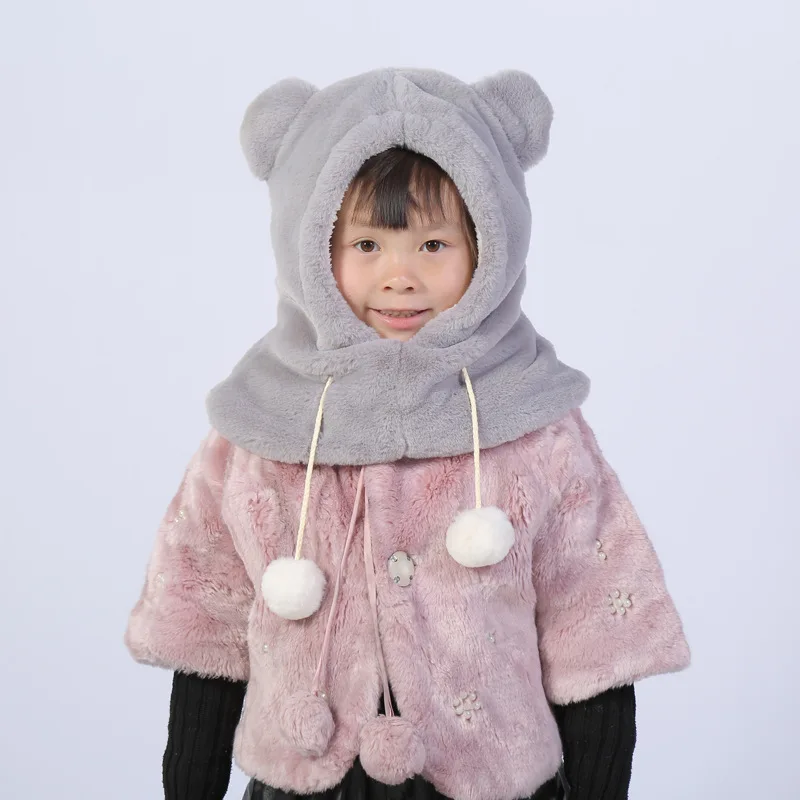

PPXX 2019 Baby Winter Fur Scarf Hat Kids Neck Warmer Bufanda Children Cap Headwear with Collar Cartoon Bear Ear Scarves Girl Boy