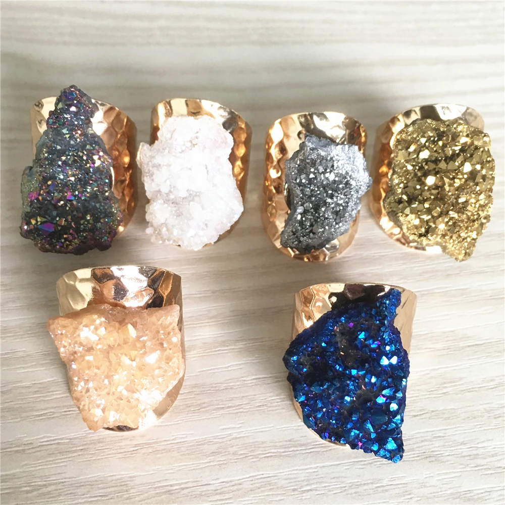 

New Hot Natural Stone Crystal Flower Geode Rings Gold Electroplate Raw Agates Geode Raw Ore Ring Resizable Size Jewelry 6pcs