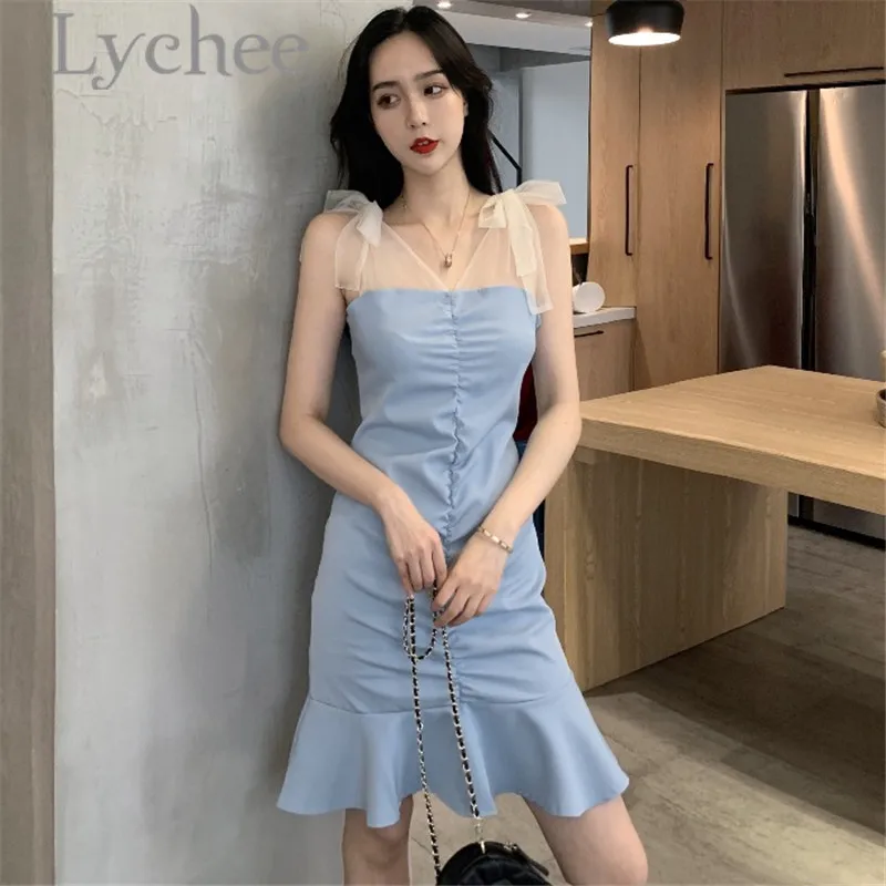 

Lychee Vintage Solid Color Lady Strap Dress Off Shoulder High Waist Above Knee Sleeveless Summer Ruffle Mesh Women Strap Dress