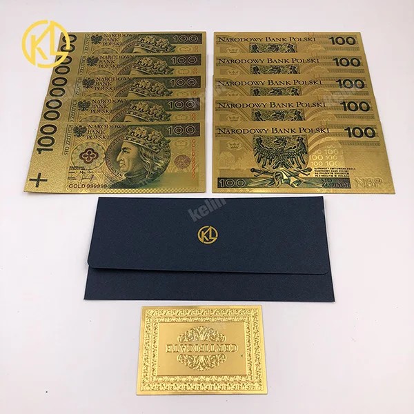 10 шт./лот 50 PLN цветной 999,9 золото фольга банкноты Польша деньги для бизнес подарки и украшения дома с сертификатом - Цвет: 100PLN