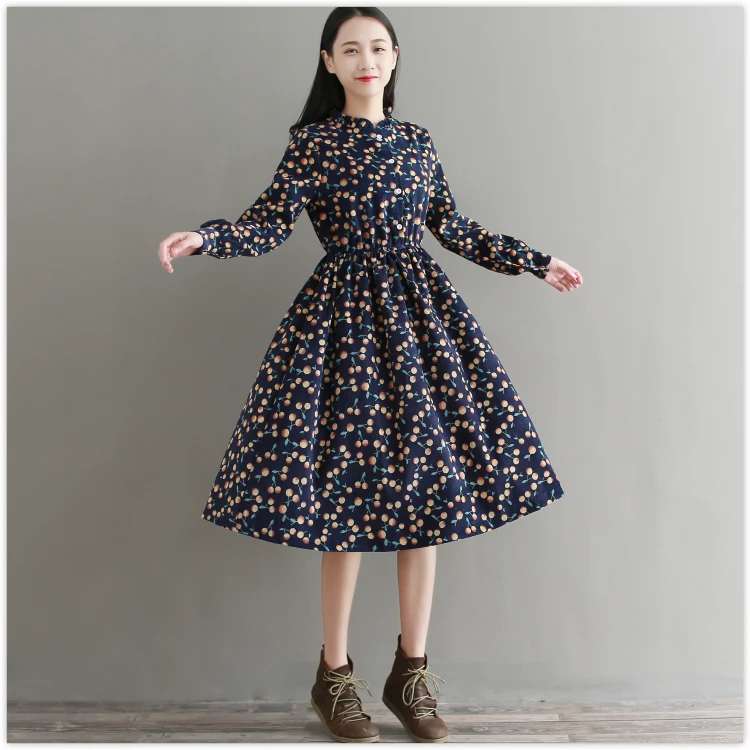 

2018 autumn winter long sleeve elegant vestido new fashion vintage corduroy printed dress for women