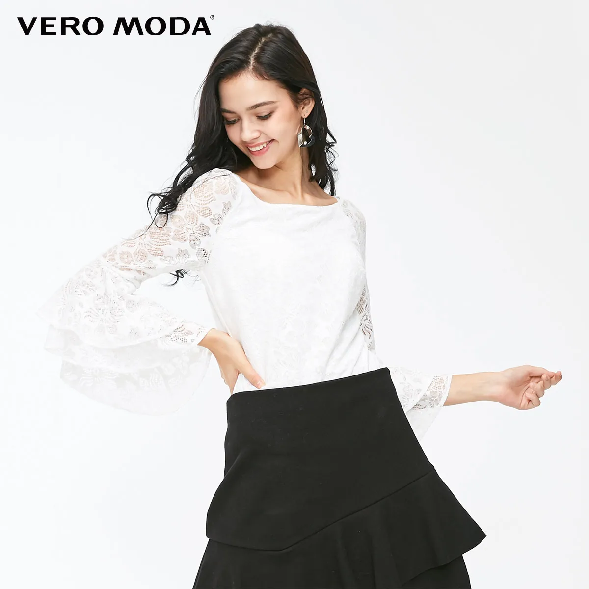 Vero Moda женский кружевной топ с расклешенными рукавами и круглым вырезом | 318330503 - Цвет: Snow white