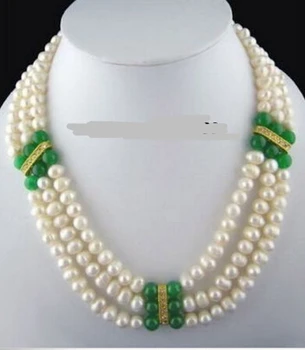 

bjc 000615 3 Rows Genuine White Pearl Green Jade 18KGP Crystal Necklace