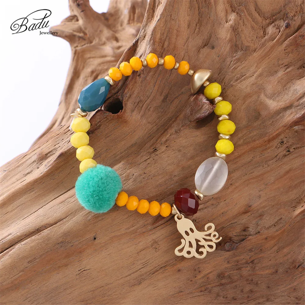 

Badu Colorful Bracelet Elastic Rope Adjustable Size Crystal Beaded Bracelets for Women Green Pompom Charms Wholesale