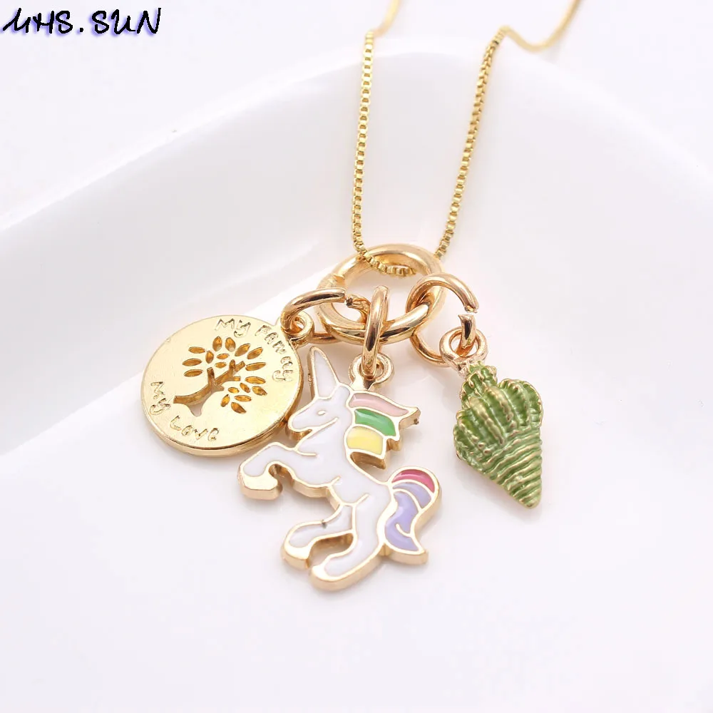 MHS.SUN Fashion Unicorn Kids Girls Long Chain Necklace Cute Rainbow Heart Conch Charming Pendants Necklace For Baby Children 1Pc