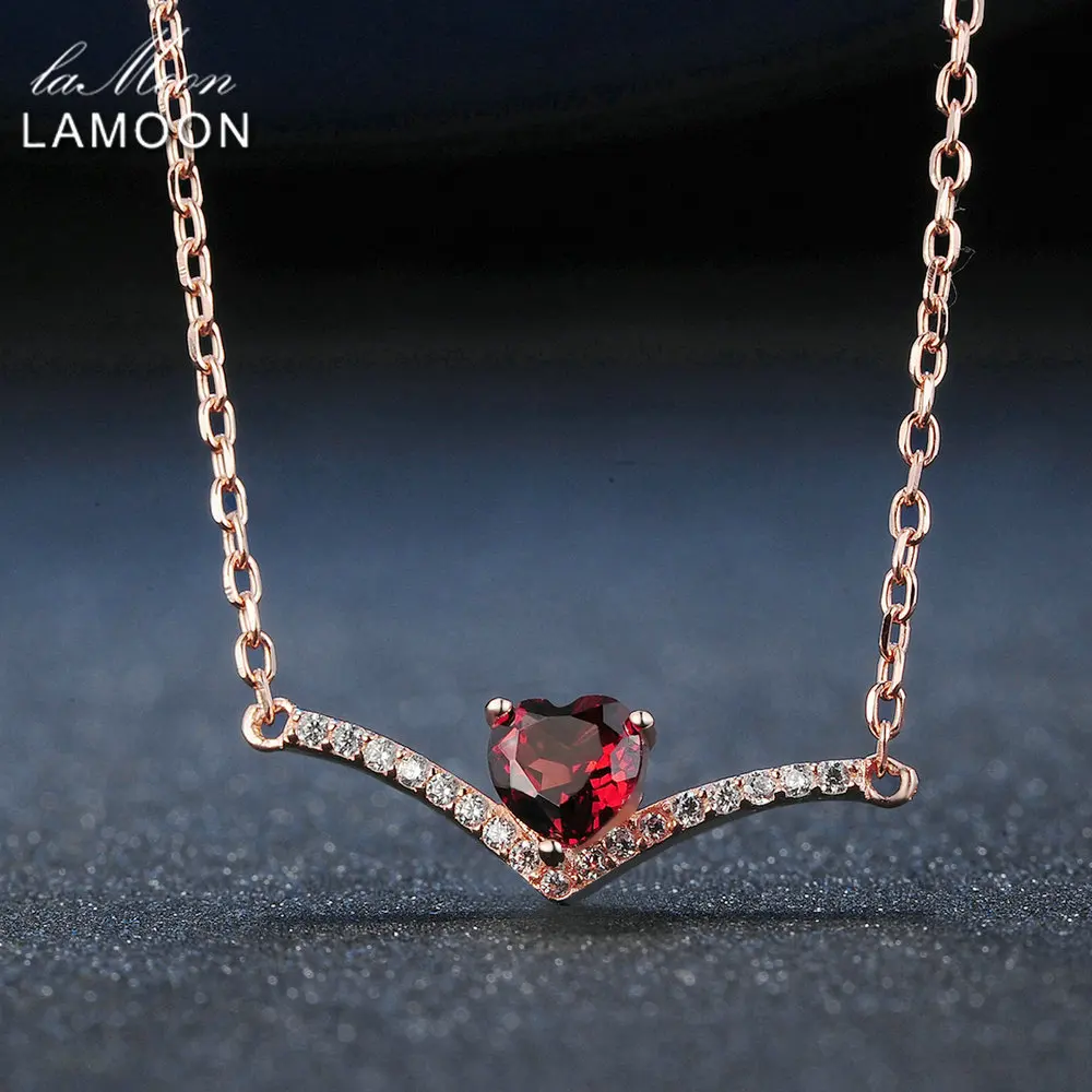 

LAMOON 925 Sterling-Silver-Jewelry Pendant Necklace Elegent 4mm Natural Heart Red Garnet Women Pomegranate Fine Jewelry Pendants