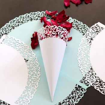 

New Adhesive Lace Flowers Paper Petal Cones Candy Holder Wedding Confetti Paper Cup 50pcs/pack DIY Party Decorative Acce Supply