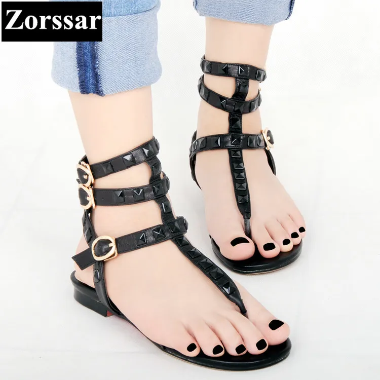 

Summer Shoes Woman Fashion rivets flat sandals women Flip-flops slippers 2017 high quality Genuine leather womens flats shoes