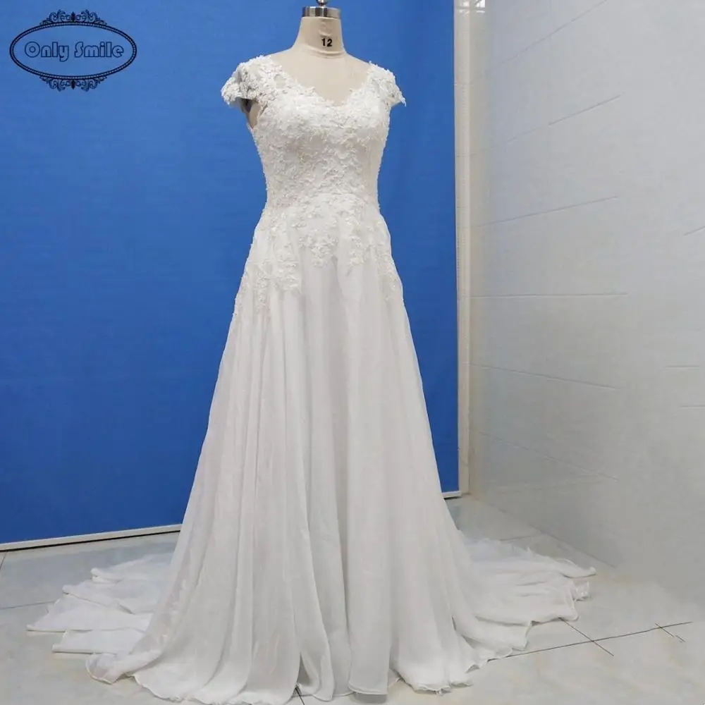 

Onlysmile V Neck Cap Sleeves Beaded appliques Wedding Gown Chapel Train Zipper side A-line Real Photo wedding dress beach