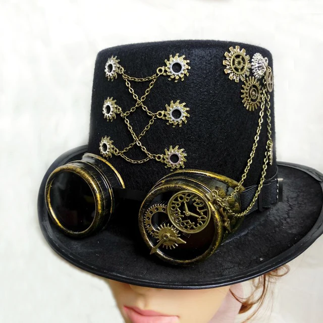 Handmade Retro Punk Unisex Party Black Hat Vintage Steampunk Gear With ...