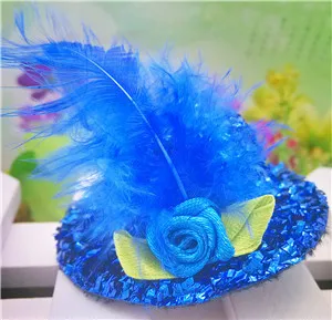 New Fashion Party Cap Hairpins Festival Hat Ribbon Flower Cute With Fur Barretes Children Hair Accessories Hair Clip for Girls - Цвет: blue