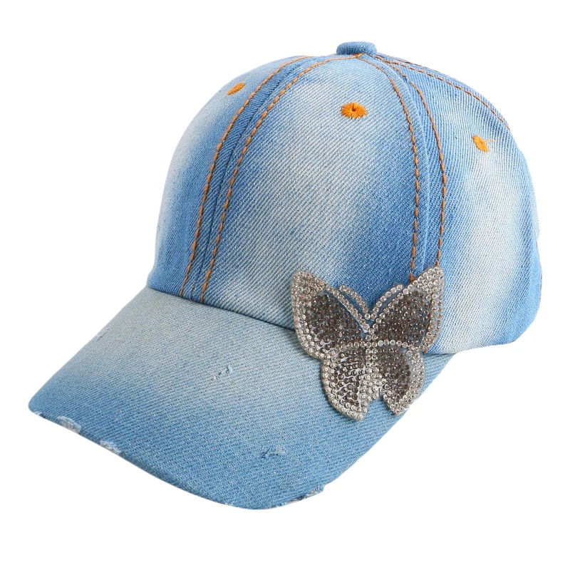 Новая модная летняя бейсбольная кепка для мальчиков и девочек 4-12 лет, красивый горный хрусталь, джинсы с бабочками, хлопковые красивые бейсболки