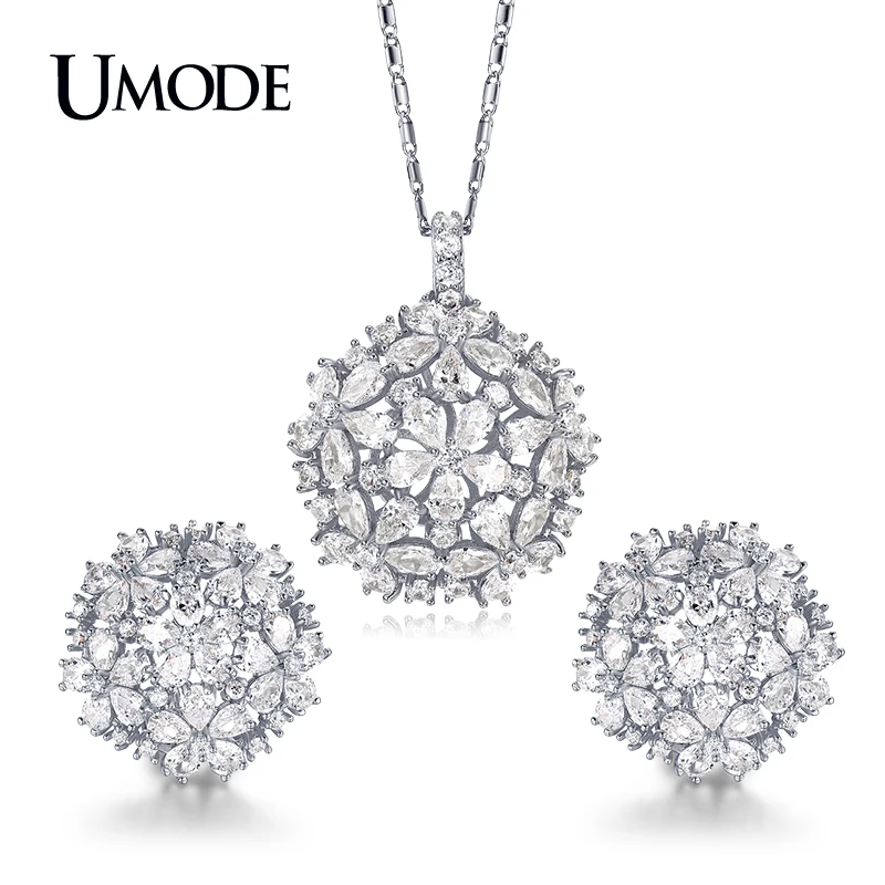 

UMODE Cluster Flower Design Pear and Round CZ Crystal Wedding Jewelry Sets For Women White Gold Color Bijoux Femme Gifts US0038B