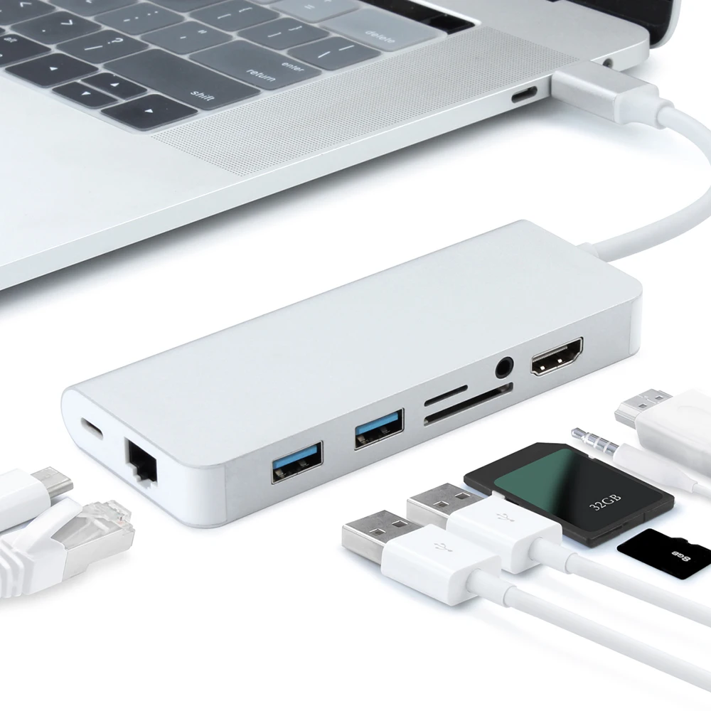 USB C a 2 3,0 HUB HDMI de Audio de 3,5mm RJ45 Gigabit Ethernet adaptador para MacBook Pro aire nuevo 13 Samsung Galaxy S9/8 Huawei P20 - 1