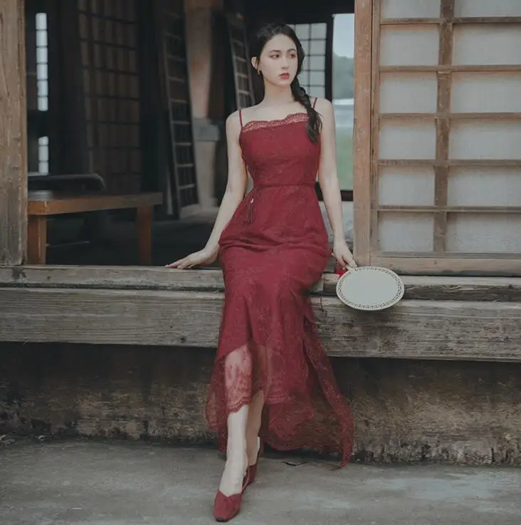 

Vintage Red Long Dress Lace Sexy Spaghetti Strap Split Slim Summer Dress Women Vestidos Sundress