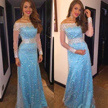 Синий сверкающие кристаллы прозрачные платья знаменитостей Большие размеры из ромашек и длинными рукавами лиф линия Бисер высококачественный для Бала выпускников платья