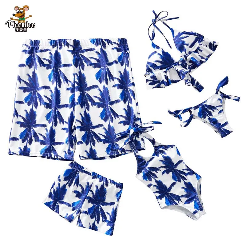 

Mommy And Me One Piece Coconut Tree Print Swimsuit Mom And Daughter Bikini Set Family Look Swimwear Men Boy Dad Son Beach Shorts