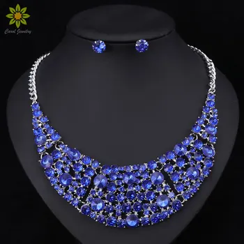 

Fashion Dubai Rhinestone Bridal Jewelry Set Wedding Prom Party Accessories Silver Plated Necklace Earring Set For Brides Women