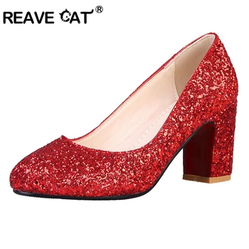 

REAVE CAT Shoes woman High heels Ladies pumps Round toe Square heel Shallow Fashion Casual Female mujer Sequined cloth Hot A1557