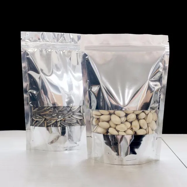 Aluminum Foil Ziplock Bags 100 Pack, Silver Clear Stand Up