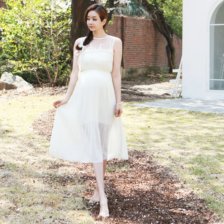 Korean Pleated Voile Embroidery Sundress Summer Chiffon White