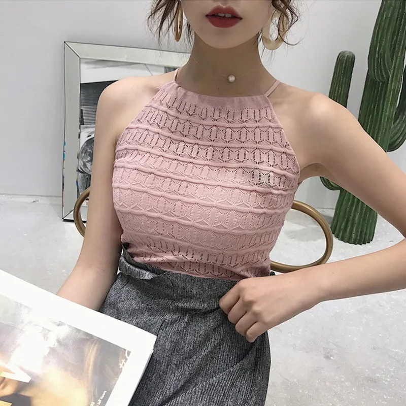 

Women Sleeveless O-Neck Pullover Hollow Out Knitted Tank Top