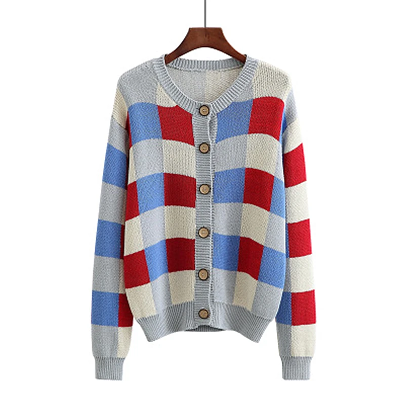 

2018 Autumn New Fat mm Large Size Women's Sweet Contrast Color Round Neck Knit Cardigan Jacket Casual Fashion Sweater