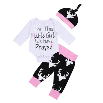 

Infant Baby Clothes Sets White Romper Little Girls Tops+Deer Print Black Panelled Pants Hat 3pcs Bebe Kids Clothing Suits