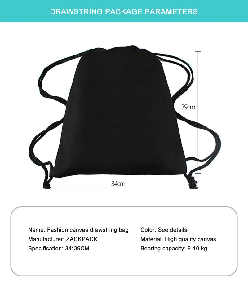 Zackpack холст Drawstring рюкзак с карманами Студент Спорт хлопок мешок небольшой рюкзак печати набор, чтобы быть сделано логотип DB33